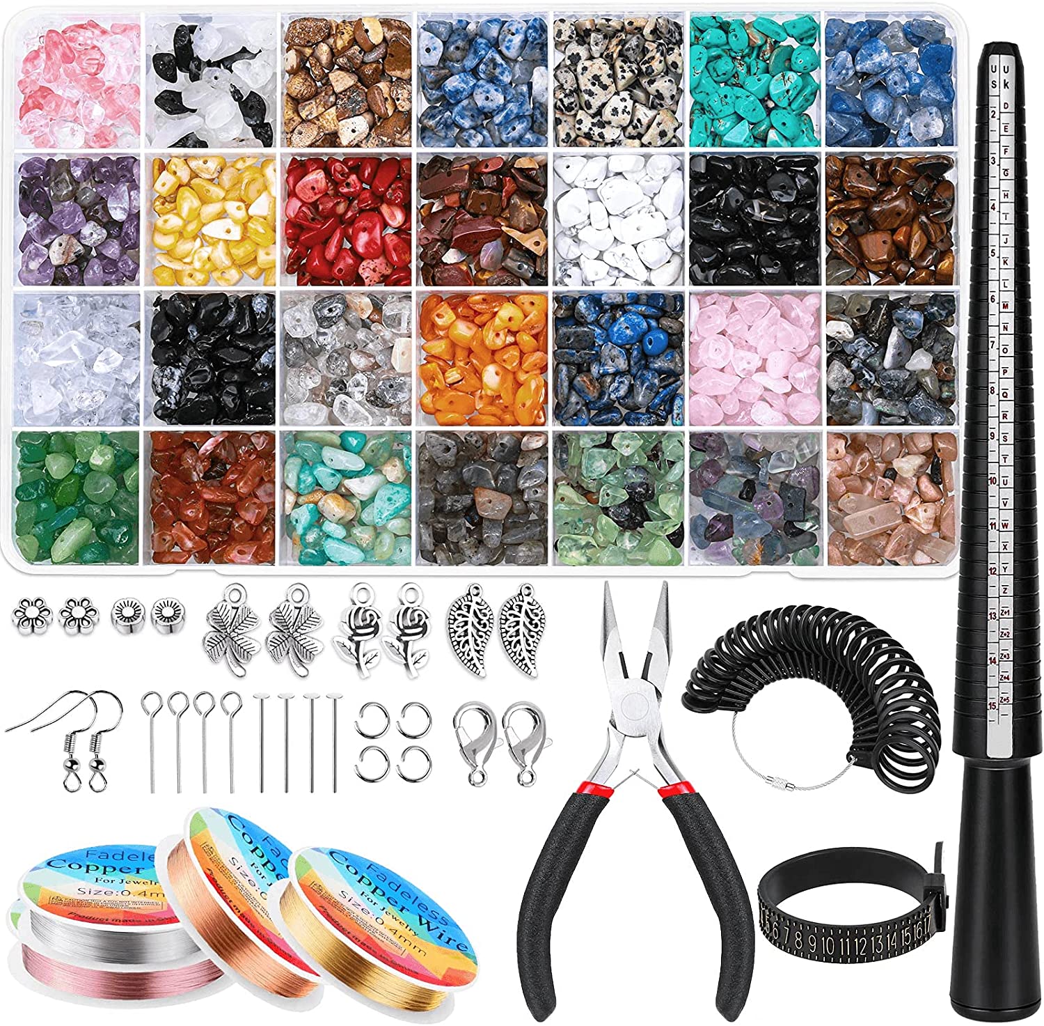 Ring Making Kit, 1718Pcs Jewelry Making Kit with 28 Colors Crystal Gemstone  Chip Beads, Ring Sizer Tools, Jewelry Wire, Jewelry Pliers and Other